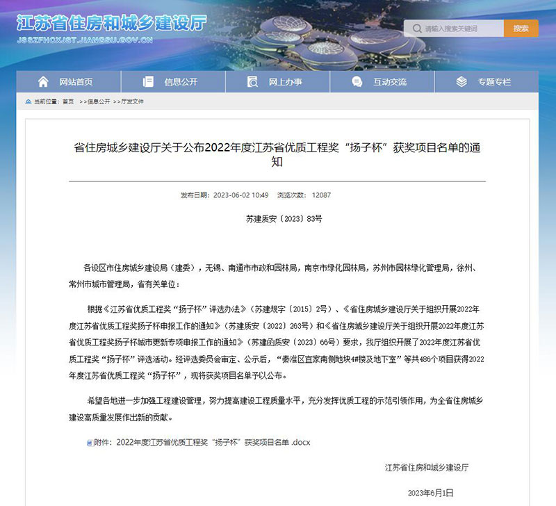 【喜報】淮安S237高架快速路項目榮獲2022年度江蘇省優質工程獎“揚子杯”